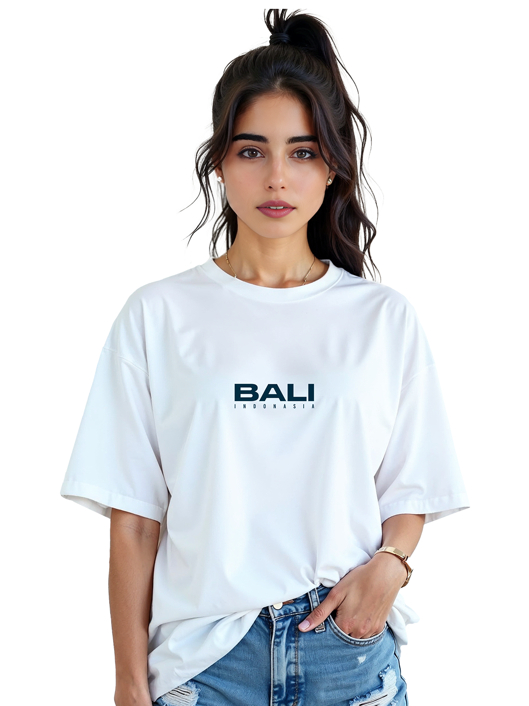 Women’s White Oversized T-Shirt with Bali Illustration at Back – Relaxed Fit, Breathable Cotton Travel Tee | Trendy & Comfortable Oversized Streetwear