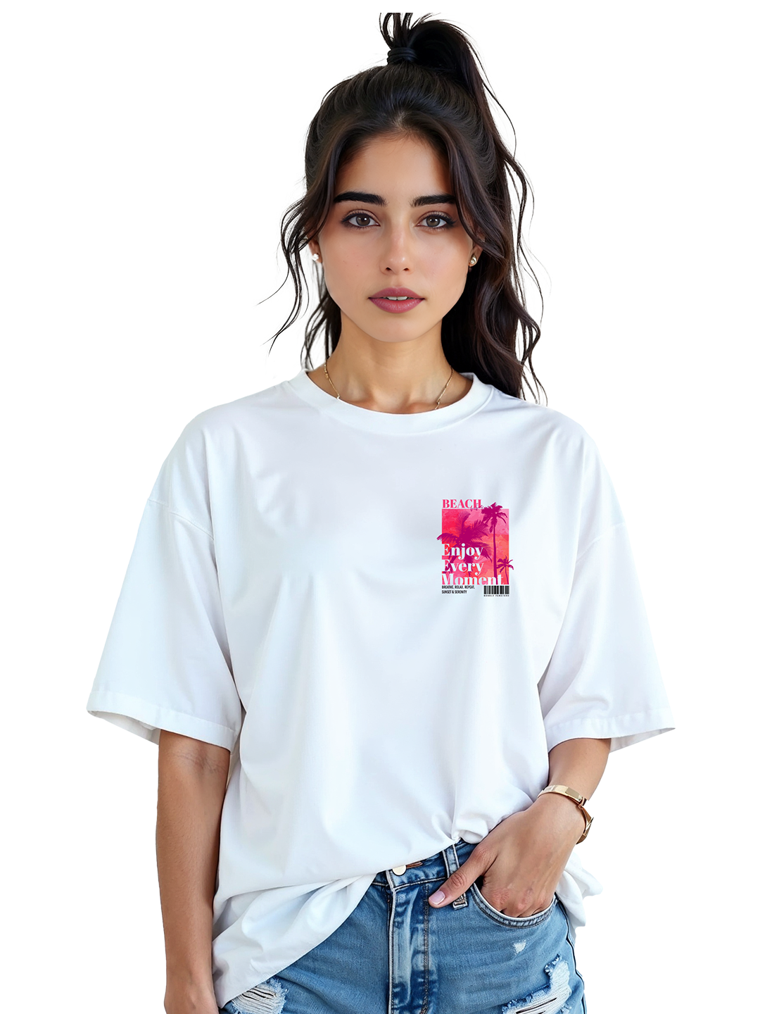 Women’s White Oversized T-Shirt with Beach Illustration – Soft, Breathable Cotton Tee | Oversized Fit for Casual Beach & Travel Fashion