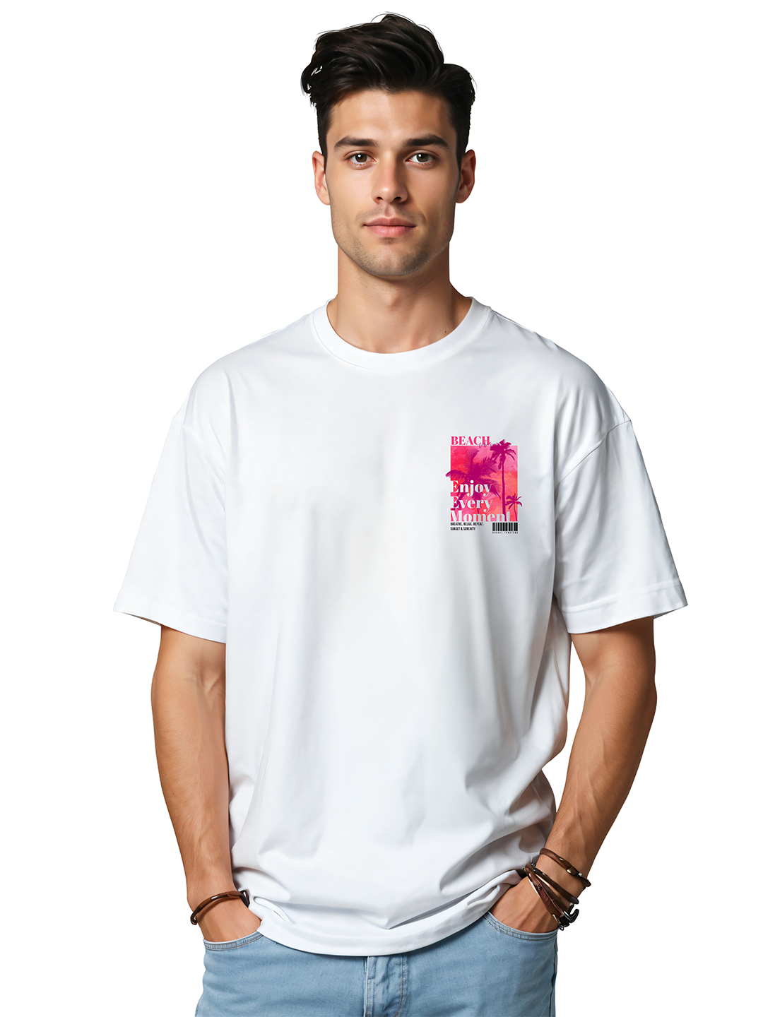 Men’s White Oversized T-Shirt with Beach Illustration – Relaxed Fit Cotton Tee for Beach Lovers | Trendy & Comfortable Vacation Streetwear