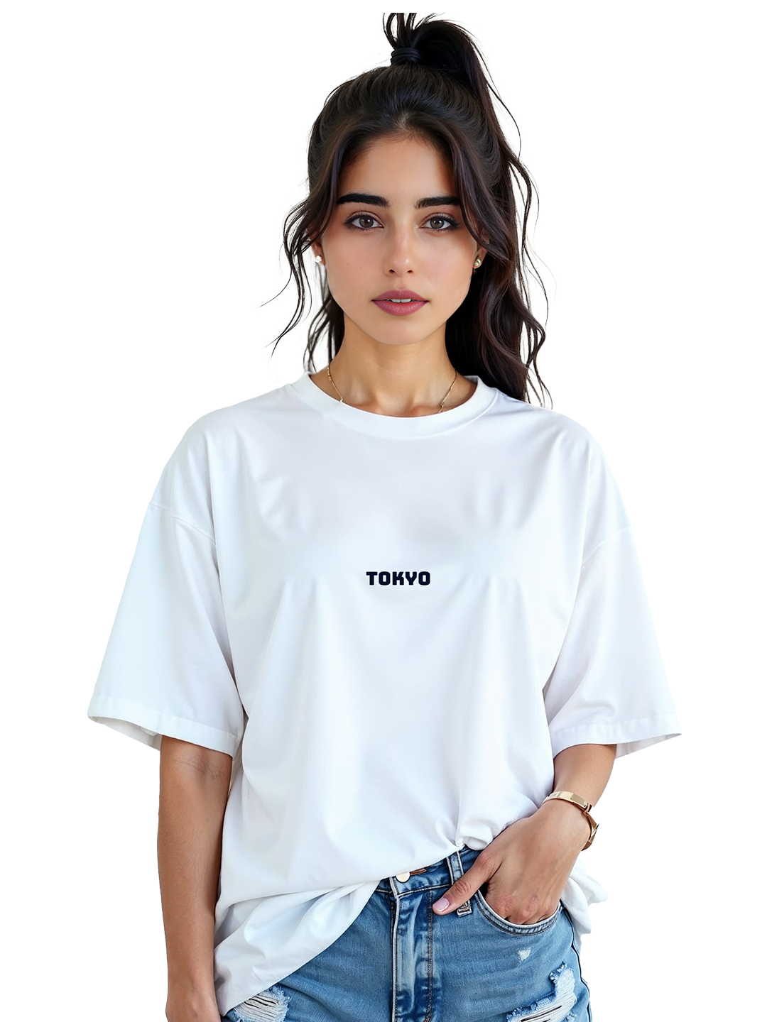 Women’s White Oversized T-Shirt with Tokyo Back Print – Relaxed Fit Cotton Tee | Trendy & Comfortable Japanese-Inspired Streetwear