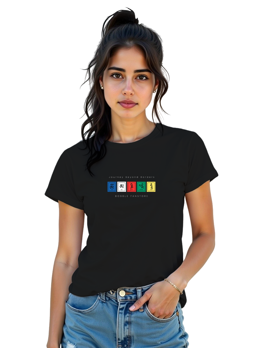 Women’s Black Regular Fit T-Shirt with Tibetan Flag Print – Trendy Cotton Tee for Daily Wear | Soft, Breathable & Comfortable Casual Fashion for Travel & Adventure