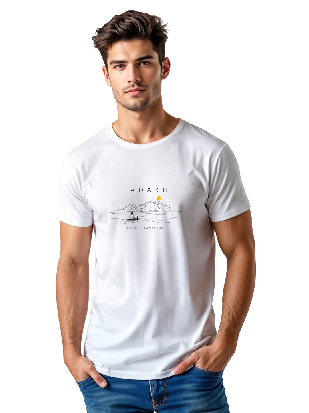 Men’s White Regular Fit T-Shirt with Ladakh Lake Print – Soft Cotton, Breathable & Trendy Adventure Wear | Unisex Casual Travel Tee for Comfort & Style