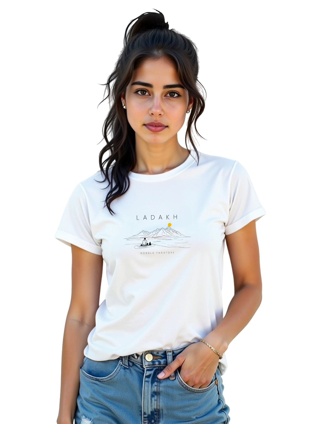 Women’s White Regular Fit T-Shirt with Ladakh Lake Print – Stylish Cotton Tee for Travel Enthusiasts | Soft, Lightweight & Comfortable Casual Wear