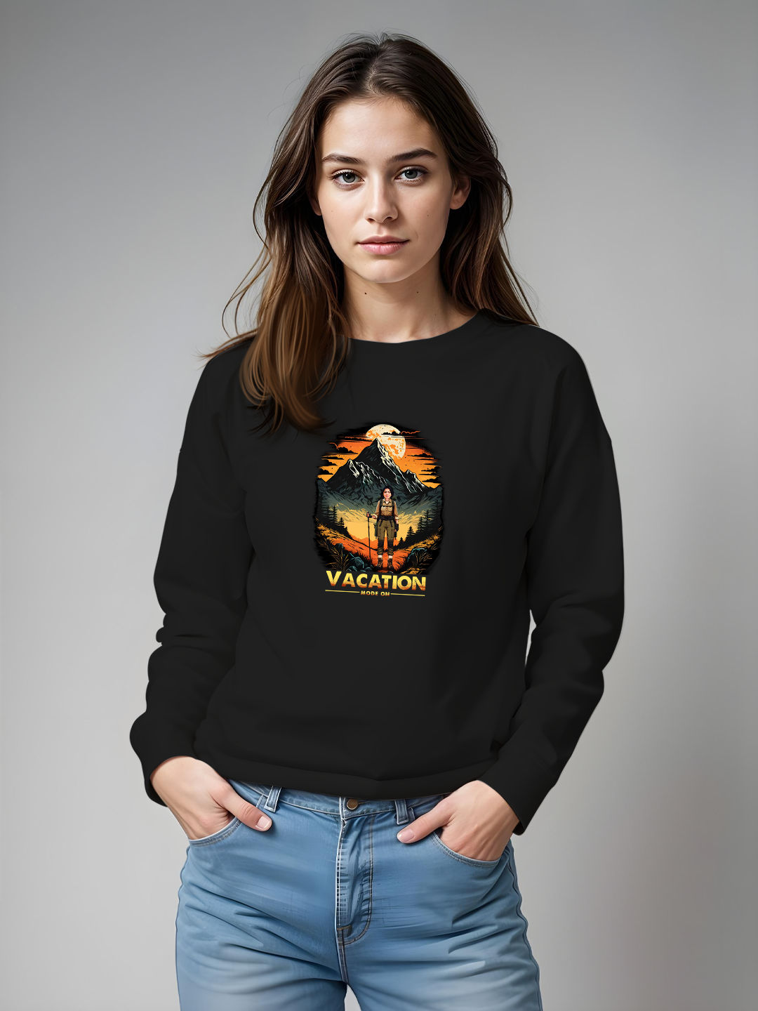 Black Sweatshirt for Women - "Vacation Mode On" Customizable with Your Face