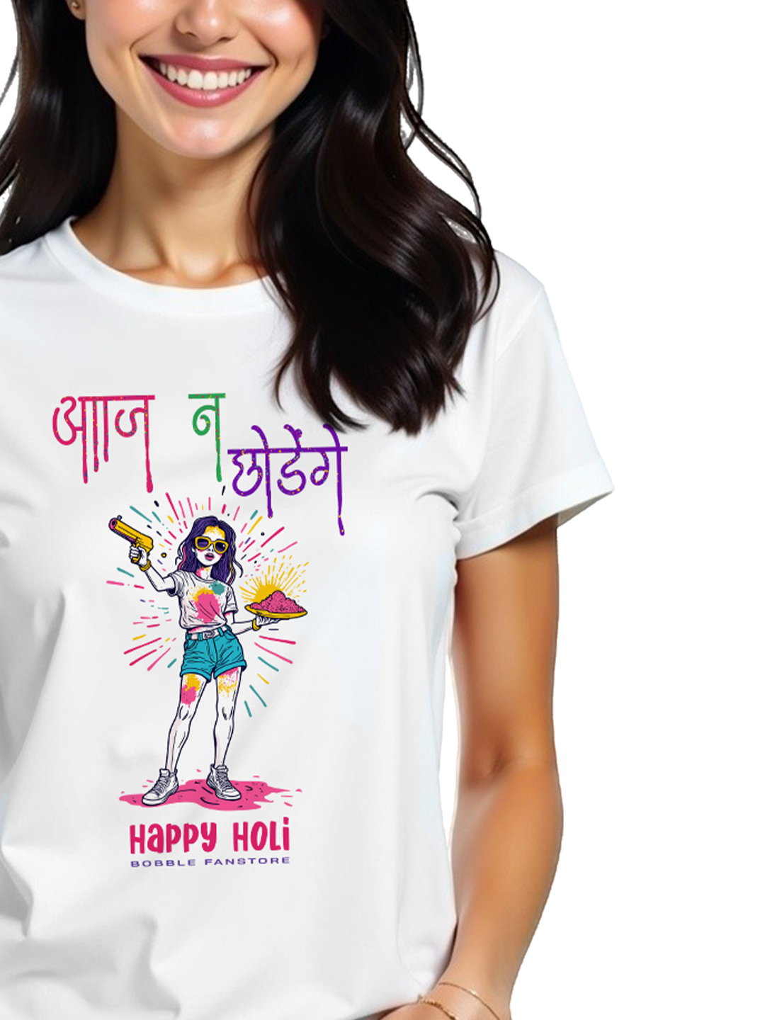 Bobble Fan Store Trendy Women's T-Shirt – Colorful Festive Design | Aaj Na Chhodenge Graphic Tee | Soft & Stylish Cotton Holi Outfit for Women – Perfect for Holi Party & Gifting