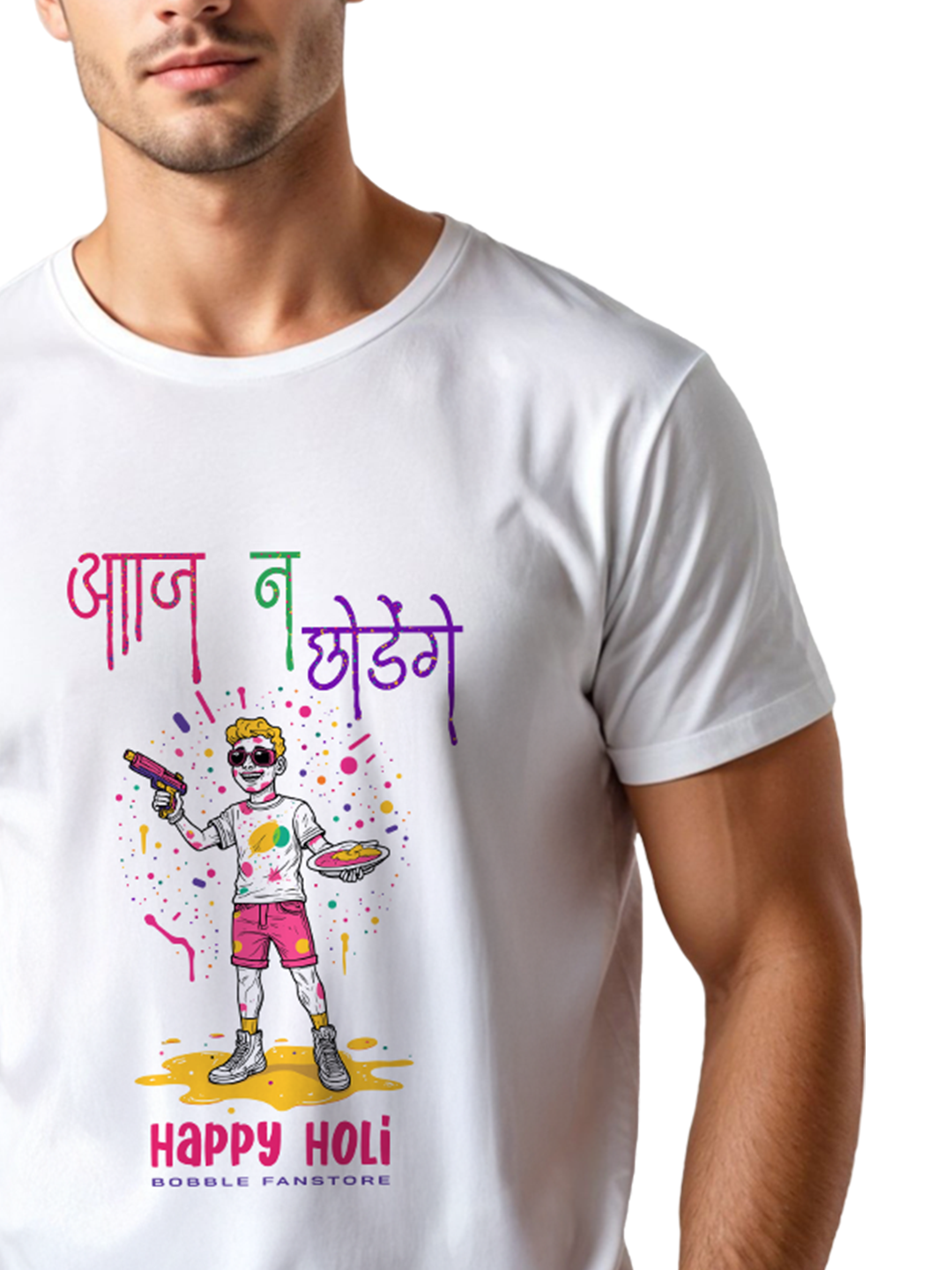 Bobble Fan Store Men’s T-Shirt – Festive Cotton Tee with Aaj Na Chhodenge Hindi Print | Colorful & Stylish Holi Outfit for Men | Perfect for Holi Party, Gifting & Casual Wear