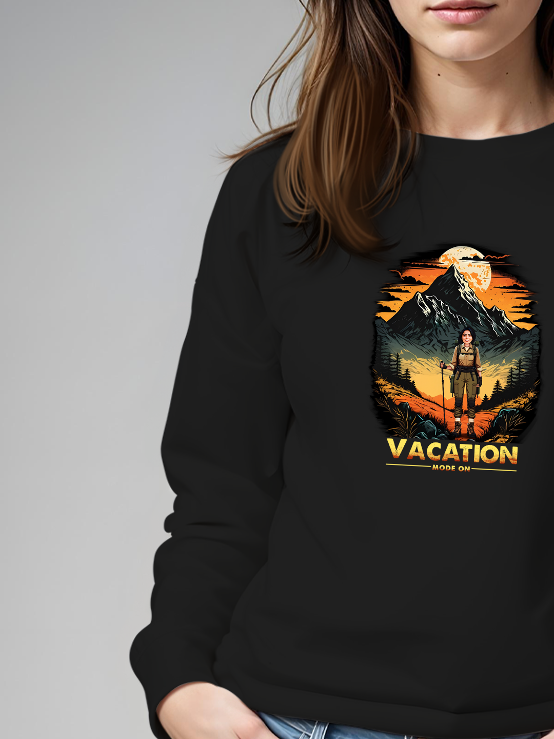 Black Sweatshirt for Women - "Vacation Mode On" Customizable with Your Face