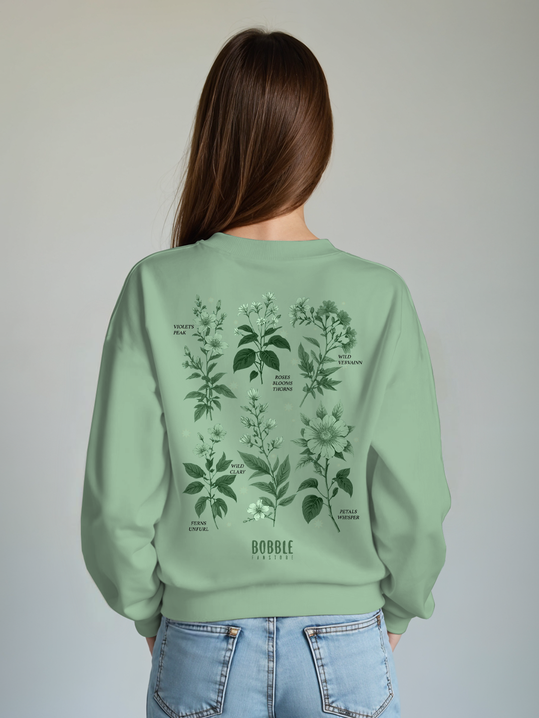 Roses Bloom Thorns Sweatshirt in Green - Artistic Floral Hoodie for Nature Lovers For Women