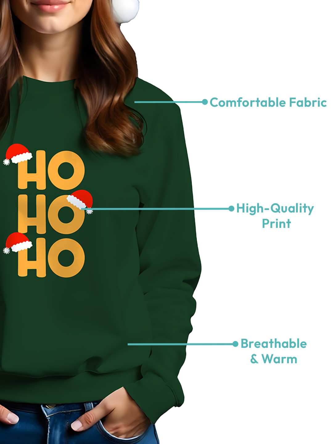 Green 'Ho Ho Ho' Sweatshirt for Women – Fun & Cozy Christmas Message