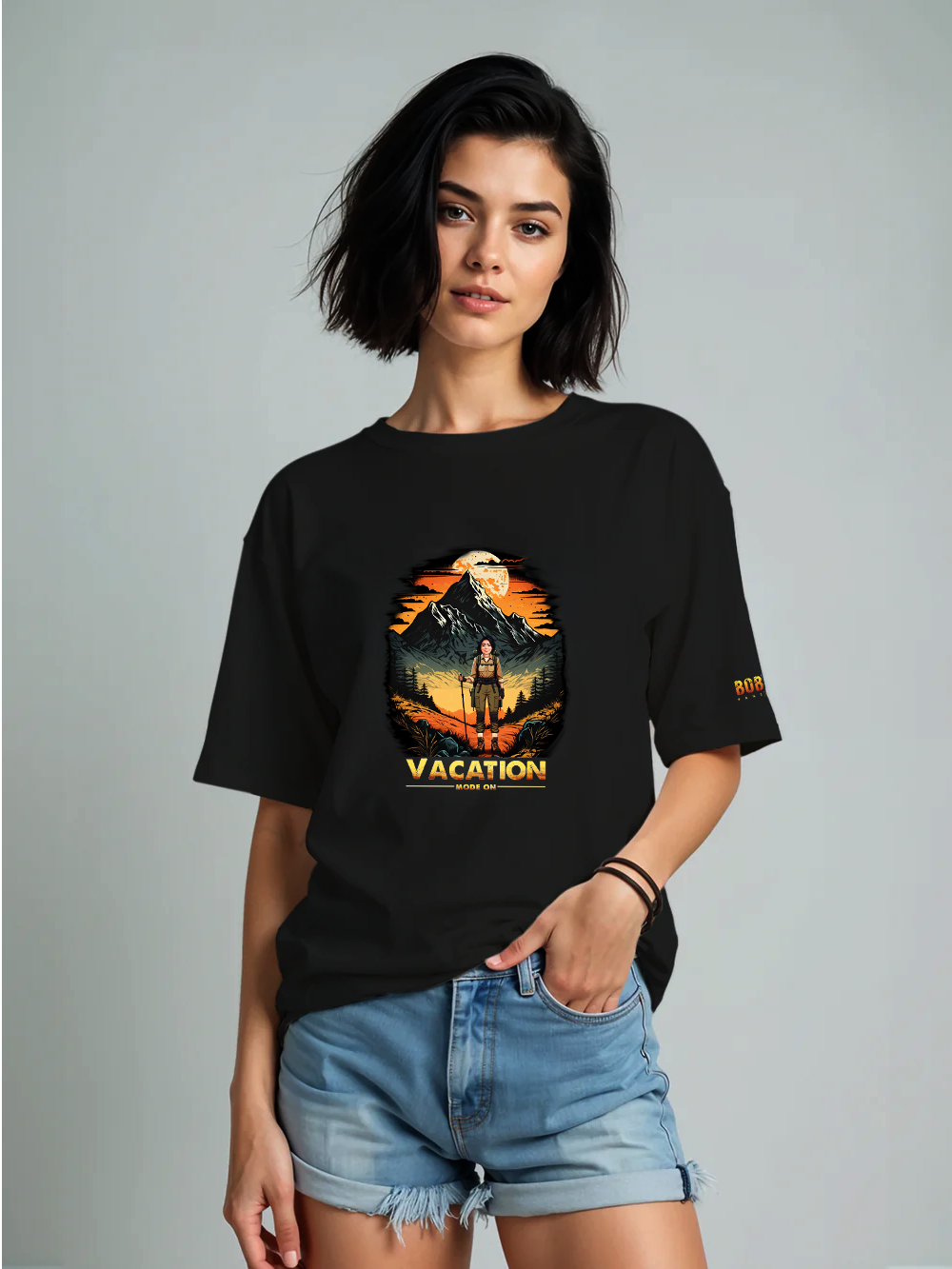 Oversized Black T-shirt for Women - "Vacation Mode On" Customizable with Your Face