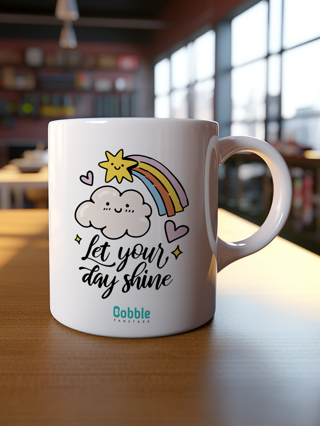 Let Your Day Shine Coffee Mug in White – Cute Rainbow & Cloud Design