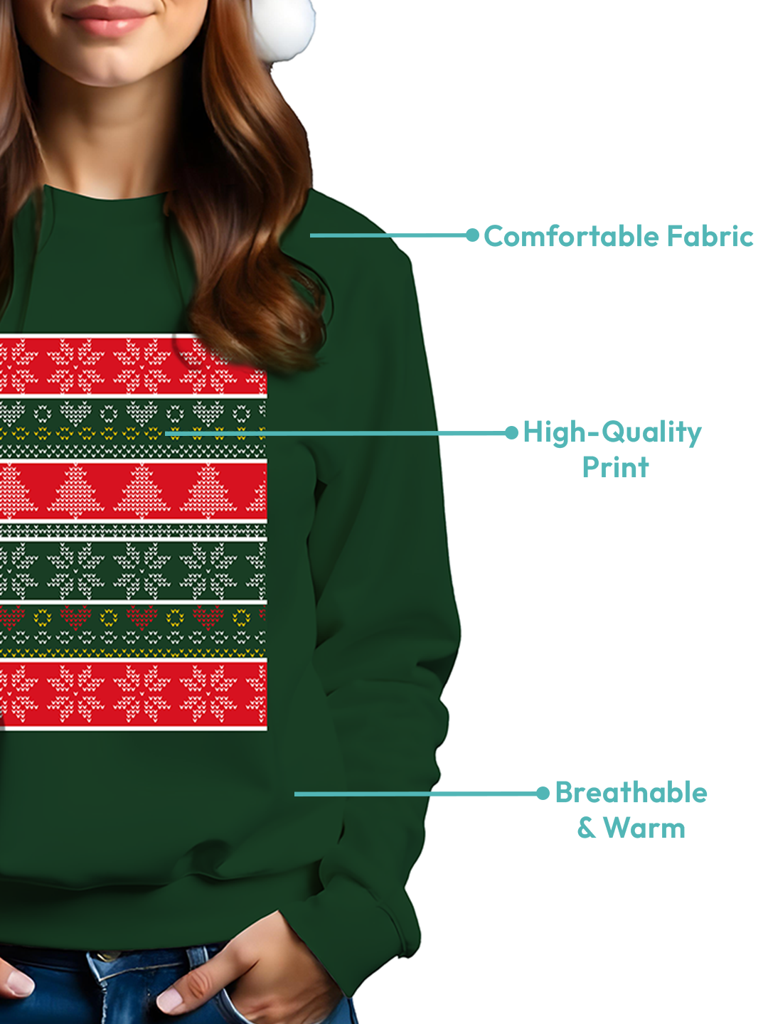 Green Christmas Sweatshirt for Women with Playful Holiday Pattern – Cozy & Festive