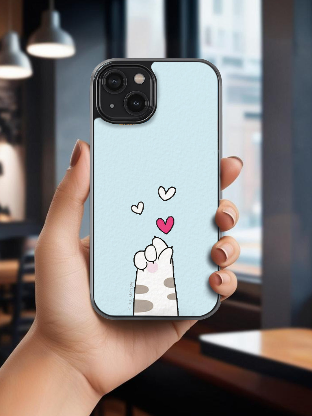 Cat Paw with Hearts Glass Phone Cover | Blue Aesthetic Design | iPhone