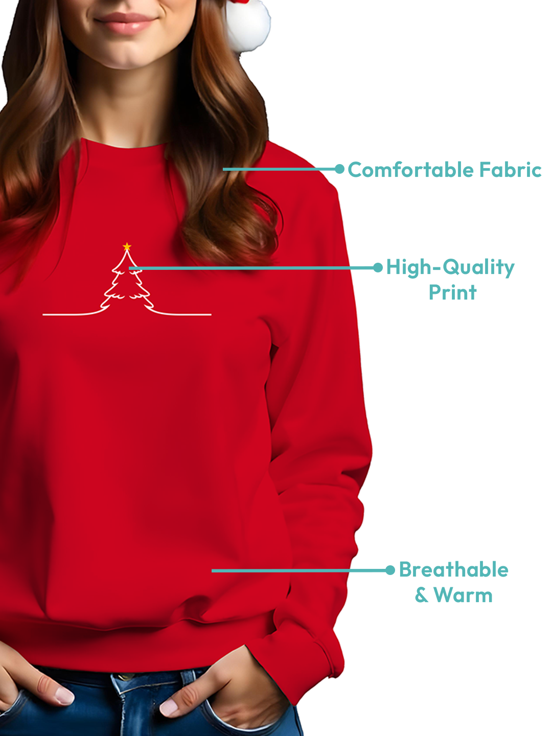 Red Sweatshirt for Women with Minimal Christmas Tree Illustration – Elegant & Cozy