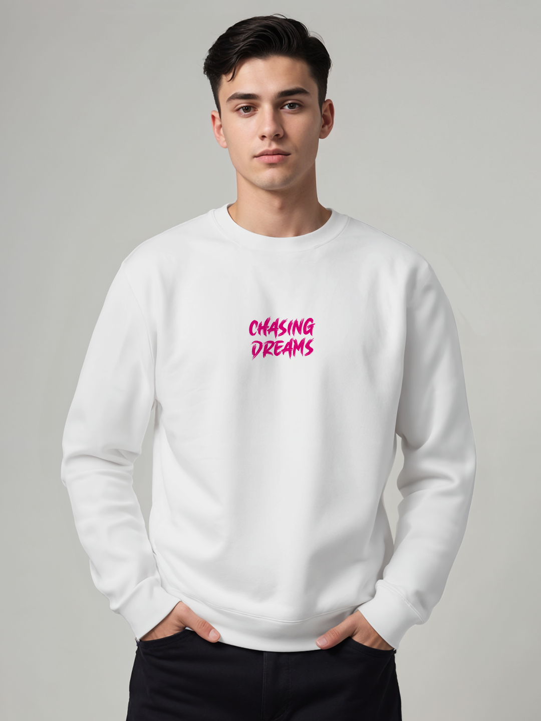 Chasing Dreams Sweatshirt in White - Motivational Hoodie for Go-Getters For Men