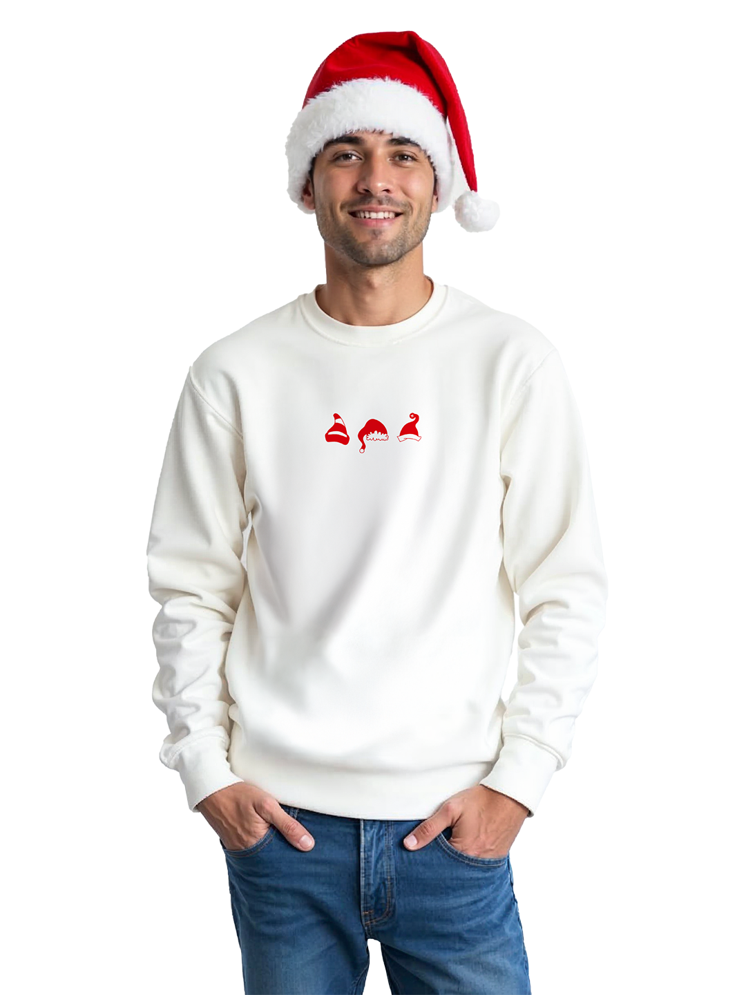 White Sweatshirt for Men with Three Red Santa Caps – Fun & Festive Christmas Wear