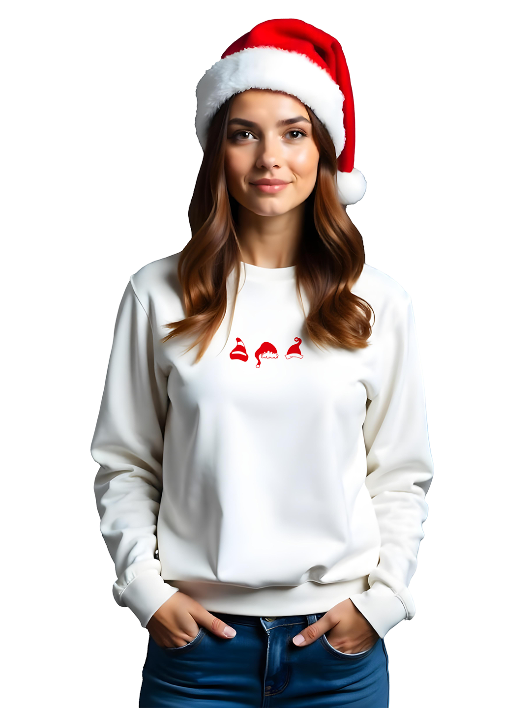 White Sweatshirt for Women with Three Red Santa Caps – Cheerful & Cozy Christmas Look