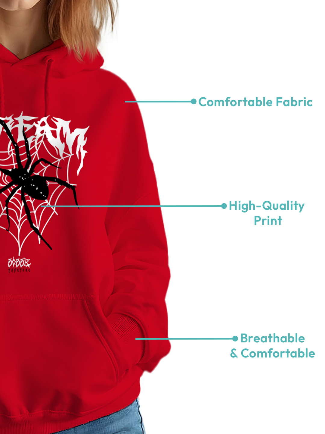 Red Hoodie with Spider and 'Scream' Text – Bold and Fun Hoodie for Women, Comfortable Cotton Design for Casual Wear and Horror Fans