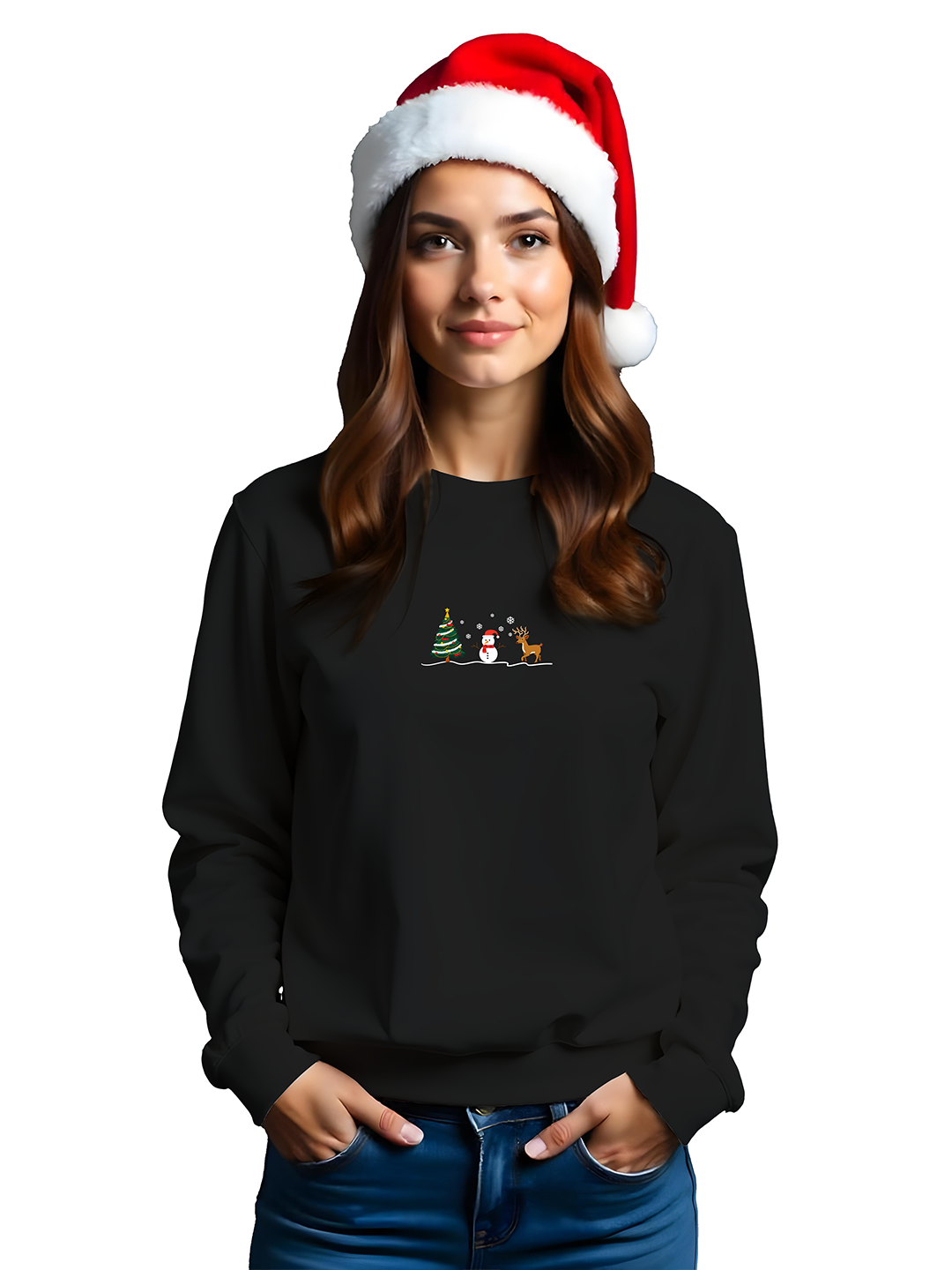 Black Sweatshirt for Women with Snowman, Reindeer, and Christmas Tree – Cozy & Minimalist Holiday Design