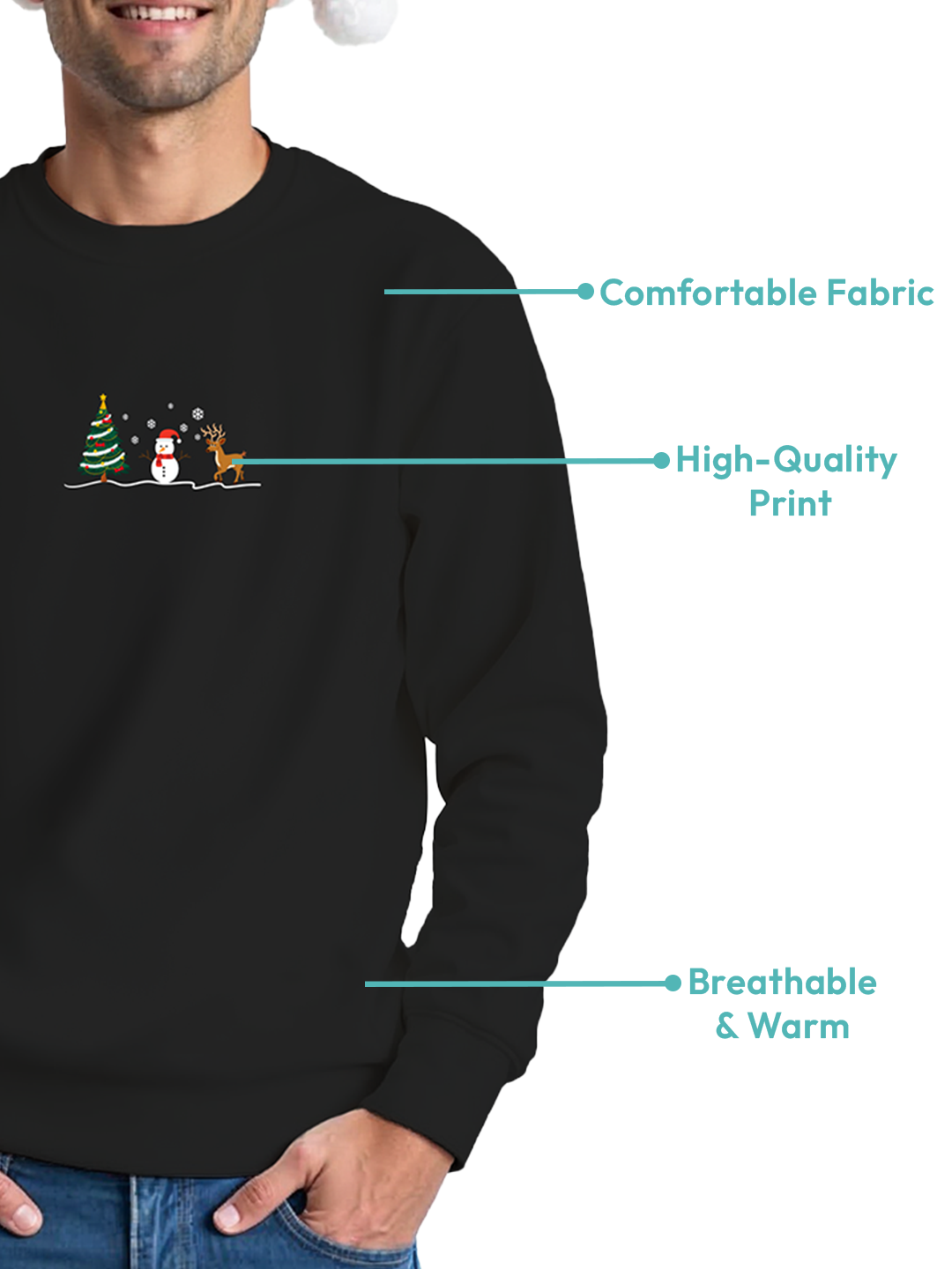 Black Sweatshirt for Men with Snowman, Reindeer, and Christmas Tree – Minimalist Holiday Design