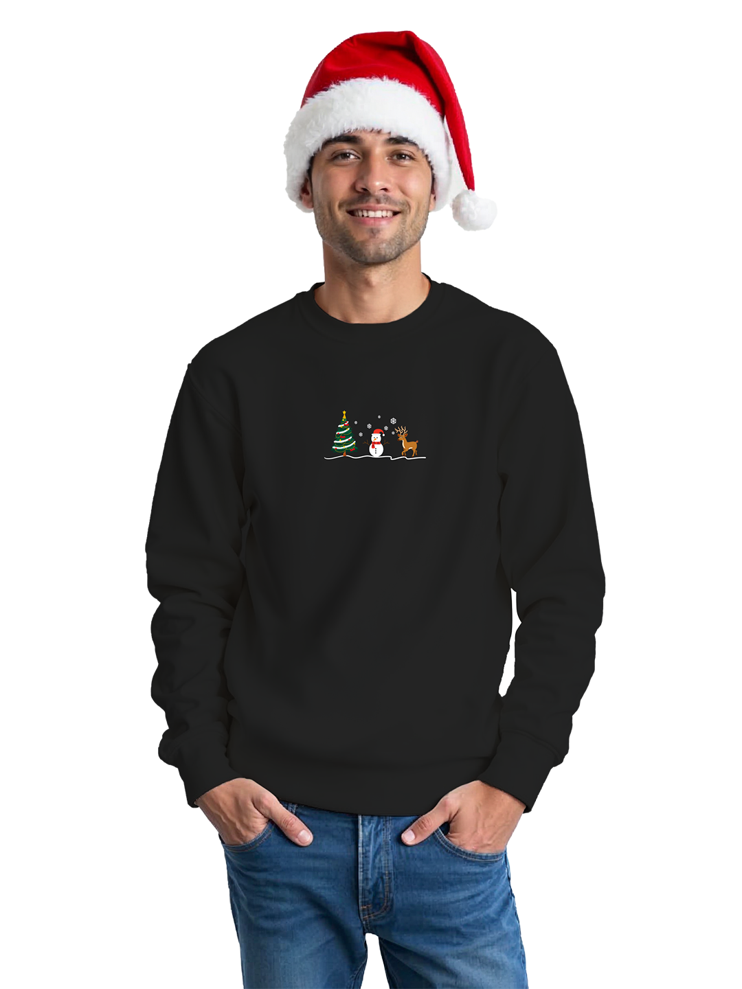 Black Sweatshirt for Men with Snowman, Reindeer, and Christmas Tree – Minimalist Holiday Design