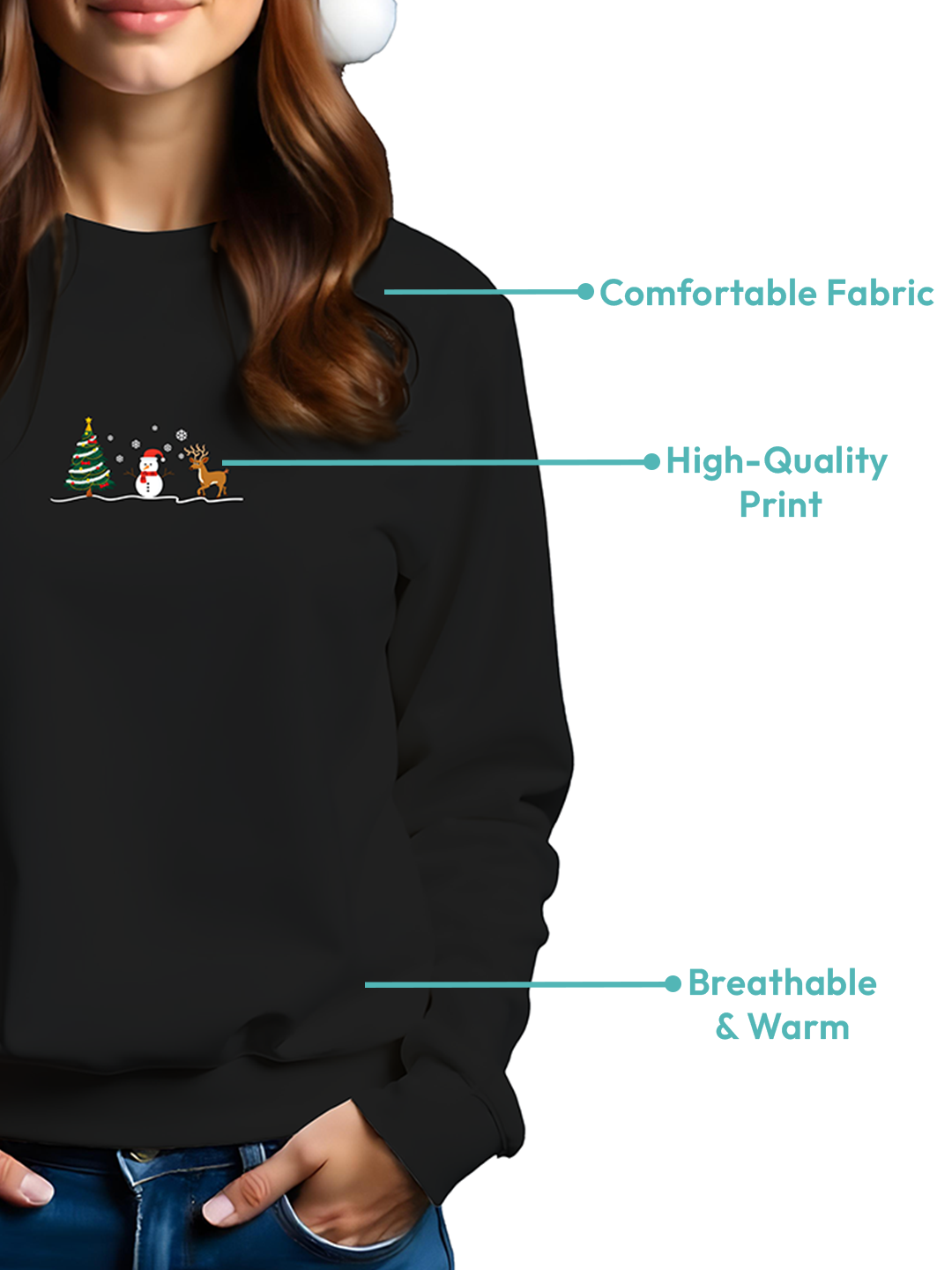 Black Sweatshirt for Women with Snowman, Reindeer, and Christmas Tree – Cozy & Minimalist Holiday Design