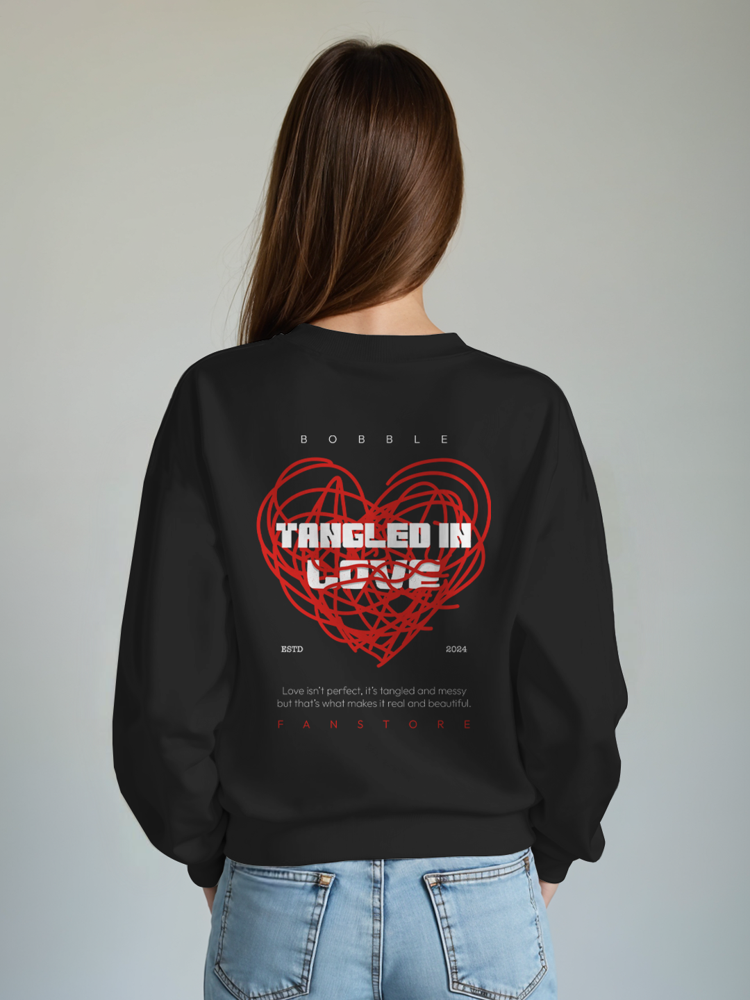 Tangled in Love Heart Sweatshirt in Black – Cozy & Stylish Graphic Sweatshirt For Women