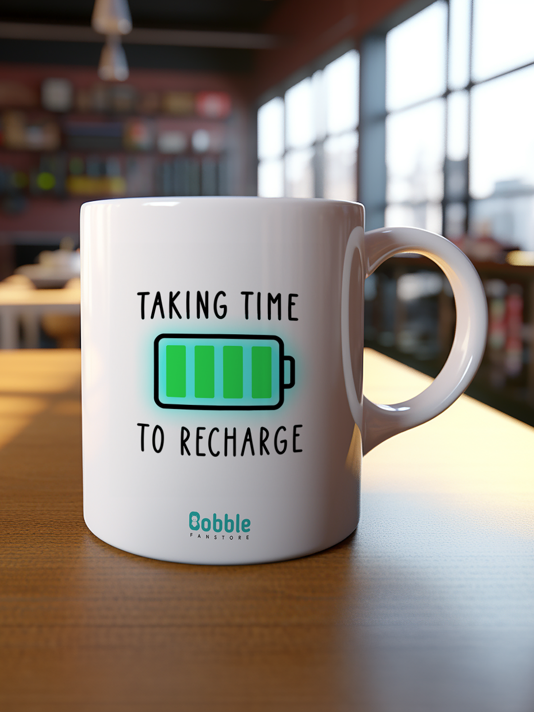 Taking Time to Recharge Coffee Mug in White - Battery Icon Design