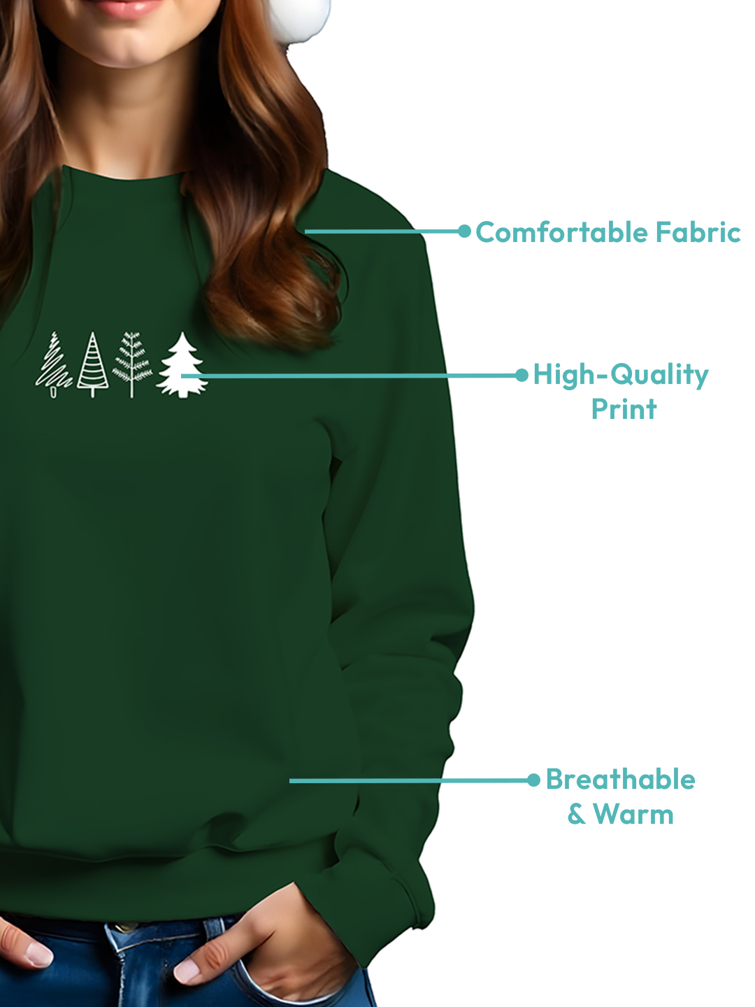 Green Sweatshirt for Women with Christmas Tree Illustration – Cozy & Festive Holiday Wear