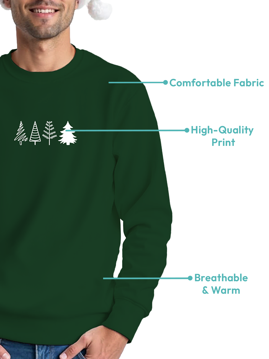 Green Sweatshirt for Men with Christmas Tree Illustration – Festive & Comfortable