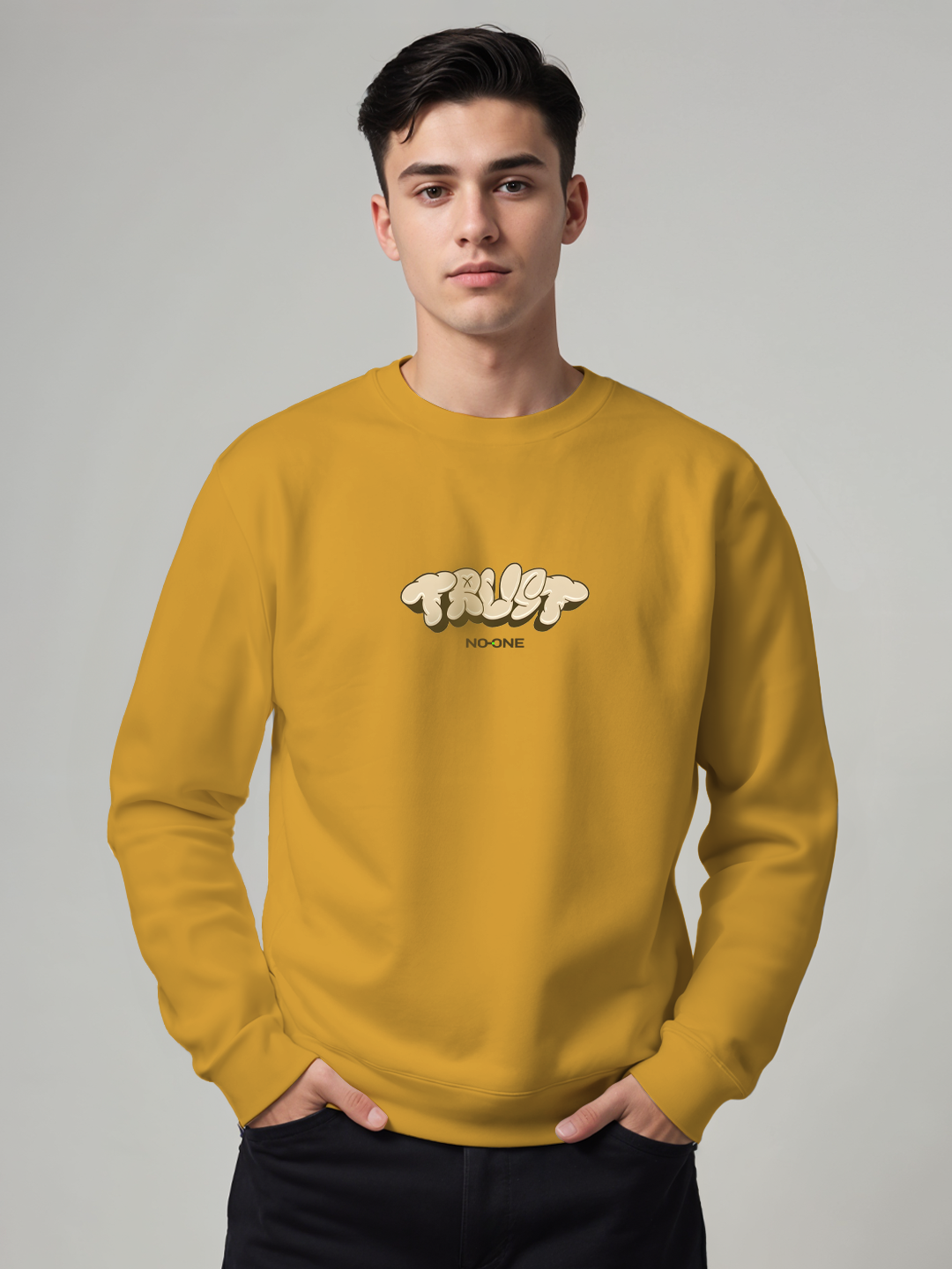 Trust No One Sweatshirt in Yellow - Edgy Statement Hoodie for Bold Style For Men