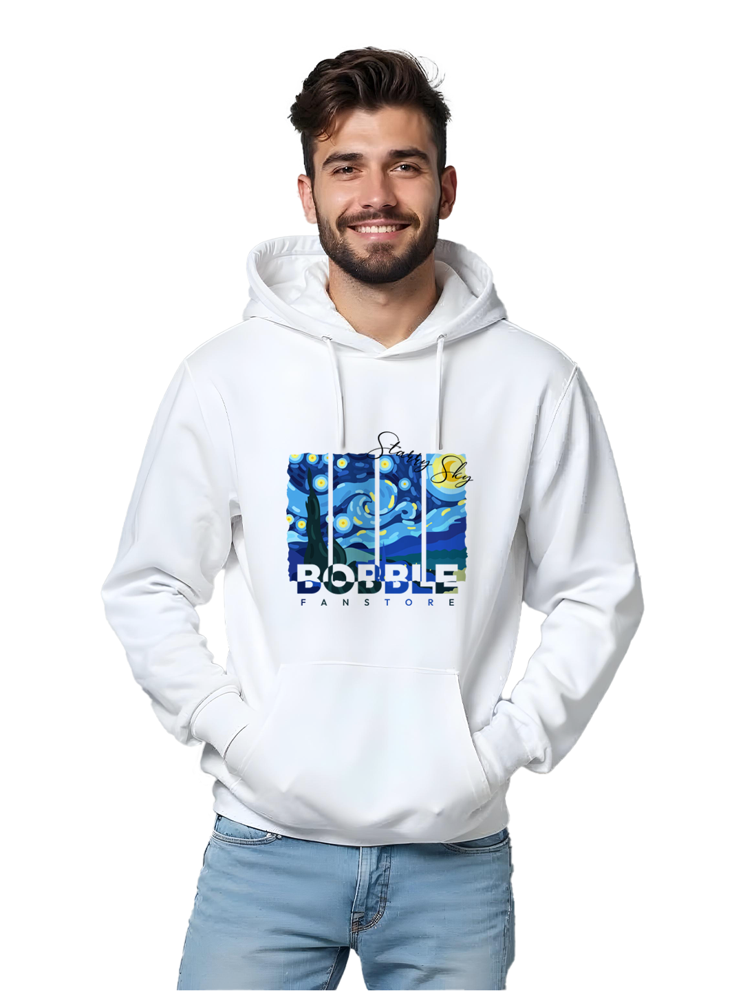 Men’s White Sweatshirt with Van Gogh Painting Illustration – Premium Cotton Blend, Artistic Design for Art Lovers – Stylish & Comfortable Pullover