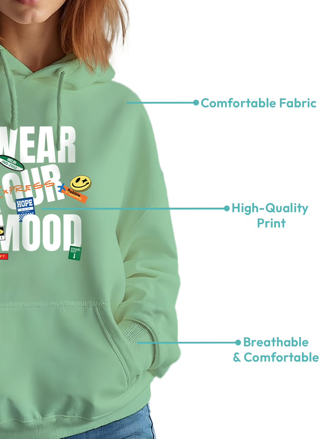 Black Hoodie with 'Wear Your Mood' Fun Text – Comfortable and Stylish Hoodie for Women, Versatile Casual Wear for Every Day