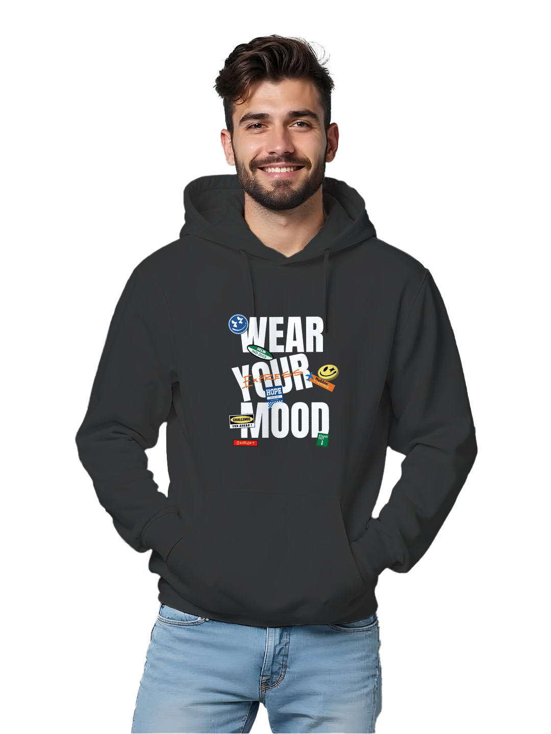 Black Hoodie with 'Wear Your Mood' Text – Comfortable and Trendy Hoodie for Men, Stylish Design for Casual Outfits or Relaxation