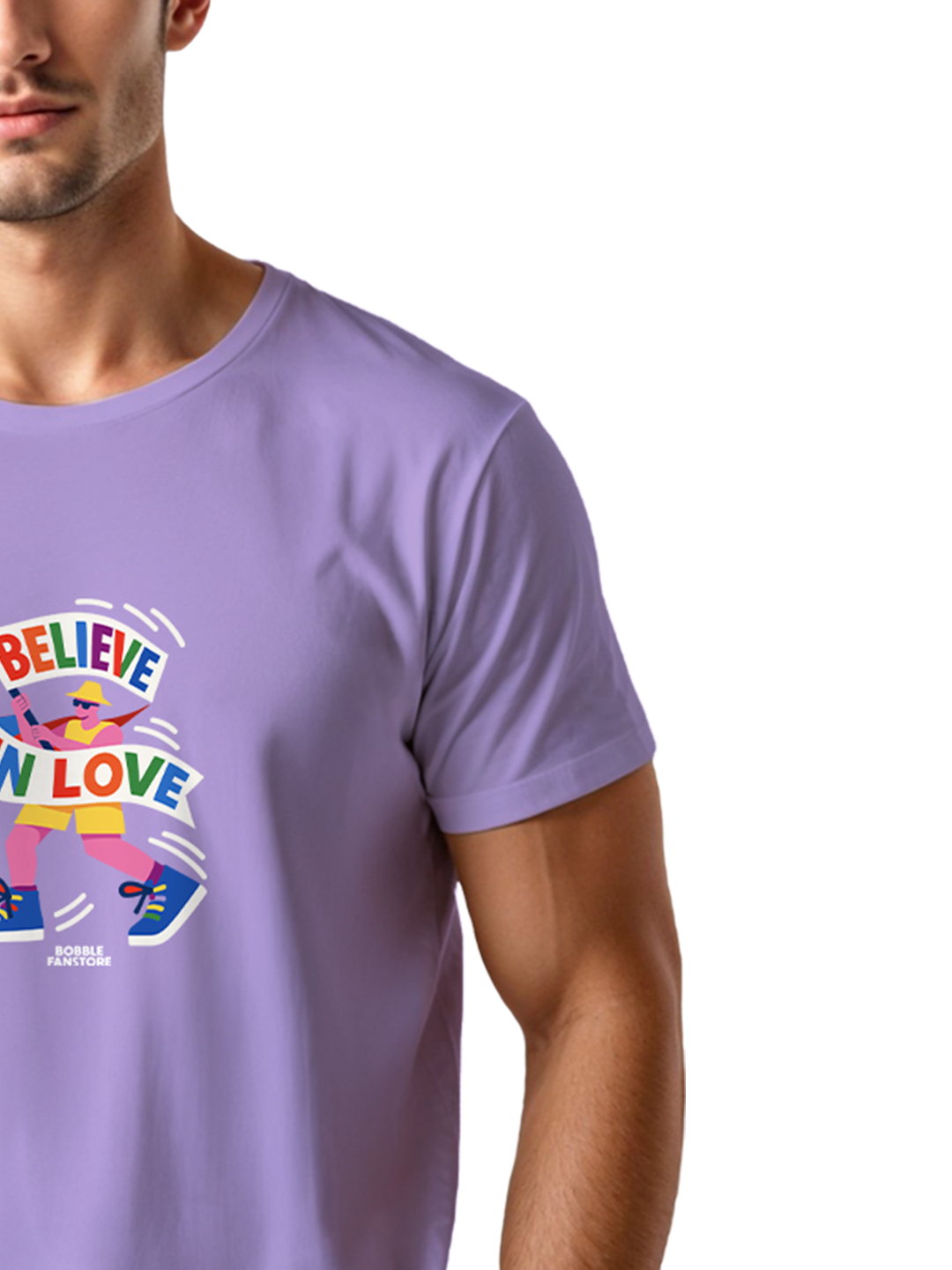 Believe in Love Lavender T-Shirt for Men – Comfortable Pride Month Graphic Tee | Pride Mode: ON